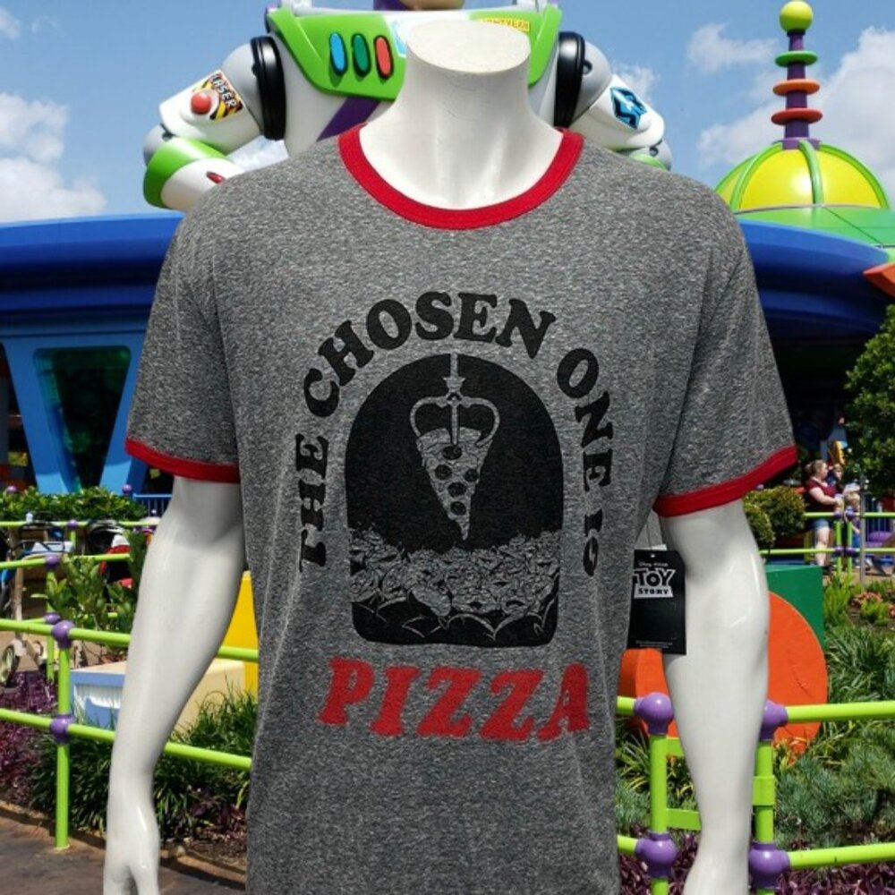 NWT Disney Junk Food Toy Story The Chosen One Is Pizza Gray Red Ringer T-Shirt
